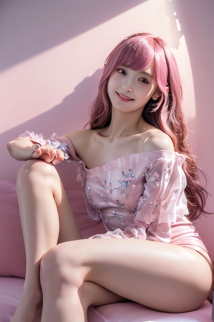 (8K, Highest quality, masterpiece:1.2), (Realistic, Photorealistic:1.37), Super detailed, One Girl,), (Very detailed), (Beautiful and detailed eyes), (Highest quality), (Very detailed ), (masterpiece), (Detailed face),20-year-old, ,1 Girl, ((Pink Hair,Long Hair)), Medium chest, Dressed, Perfect lighting, break, (black:1.2), (Sparkle:1.2), (soft:1.2), (feminine:1.2), (Delicate floral pattern:1.2), (satin:1.3), (silk:1.4), (Cap Sleeve:1.3), (Off the shoulder:1.3), (High Cut Bodysuit:1.5), (Long legs:1.4), (Fitted:1.4), (Lace trim:1.3), (Neckline:1.3), (Floral embroidery:1.3), (Clear heel mules:1.3), (Minimalist Stud Earrings:1.2), (Matching pastel bracelet:1.2), break, (Captures the upper body and thighs:1.2), (long Pink Hair:1.2), (soft waves:1.2), (Flowing over my shoulder:1.2), (A kind smile:1.3), (Look forward:1.2), (Keep your eyes down:1.2), (sit casually:1.2), (One leg crossed casually:1.2), (Stretch the other leg:1.2), (Pastel pink and lavender background:1.2), (soft gradient:1.2), (softbox lighting:1.3)
