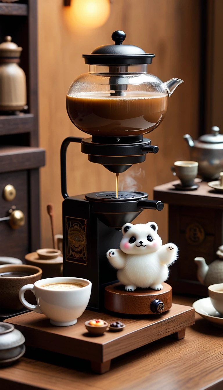 Japanese vintage miniature toy table, Tanuki estilo steampunk, Japanese Wagashi, Micro coffee maker, Flowing liquids, smoke, Little ghost, Awards, best qualityer, cinema lights, Awards, best qualityer, ultra HD, ultra HD, multiple view, Awards, best qualityer, high qualiy , pixar, anime styling, pixar, anime styling, Bauhaus, High details, High details, high qualiy