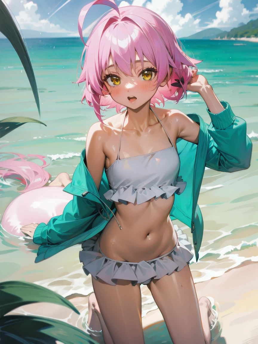 yellow eyes, pink hair, ahoge, bikini, frill, open clothes, naked tits, breasts visible