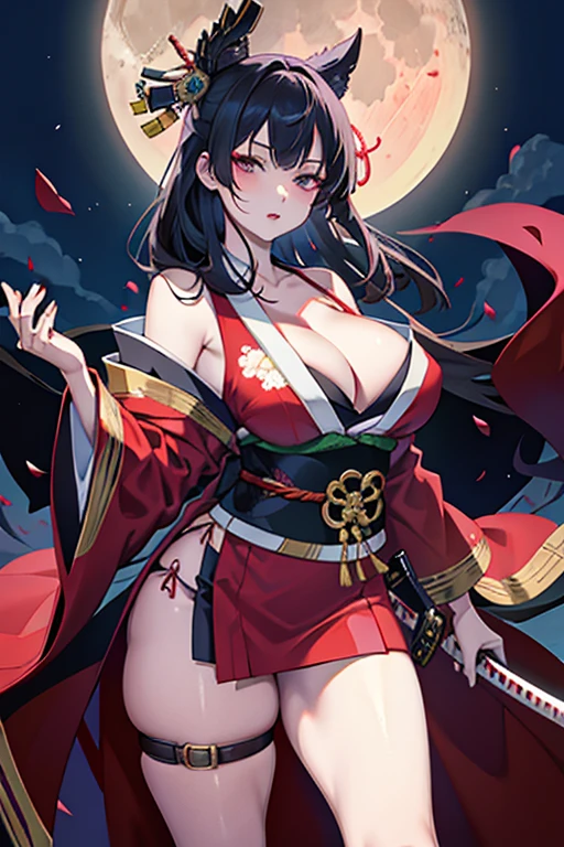 Solo,cleavage, haori, thick thighs, outstanding details, blood,big breasts ,moon, kimono, parted lips, katana,scar on chest,standing,