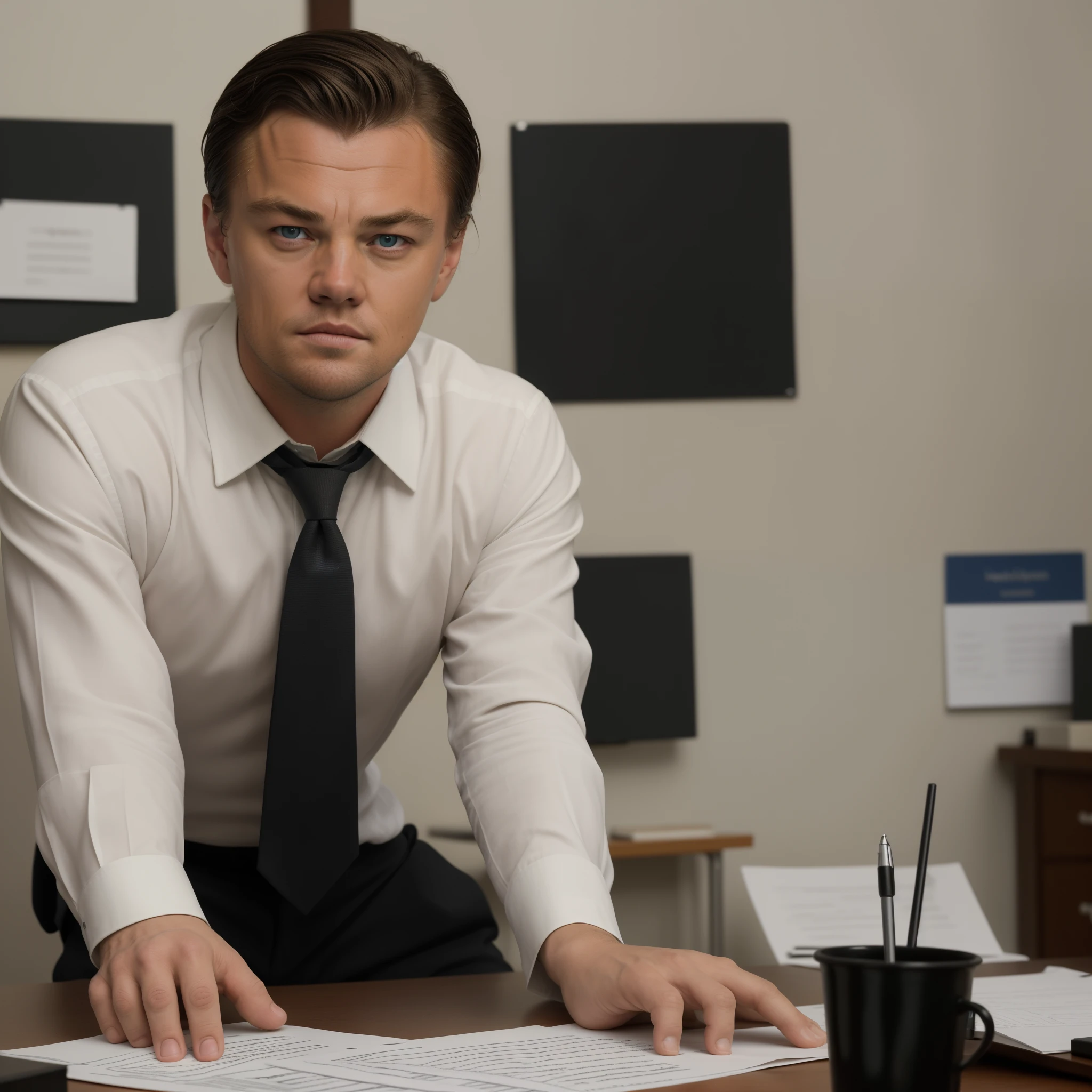 ((Best quality, 8k, Masterpiece :1.3)), Whole body, Sharp focus :1.2, Leonardo DiCaprio as Jordan Belfort from "The Wolf of Wall Street" (2013), sitting at his desk in his office on Wall Street. On his desk, a work phone and three document folders at the edge of the table. Capturing all his charisma and charm, his face perfectly symmetrical, each hand with no more than 5 straight fingers. Sitting anface, in an open pose, making him look approachable. Maximum realistic quality, professionally set lighting. Highly detailed face and skin texture, Detailed eyes, double eyelid, OL Uniform, Office Wear, (Interior Scene, Office).