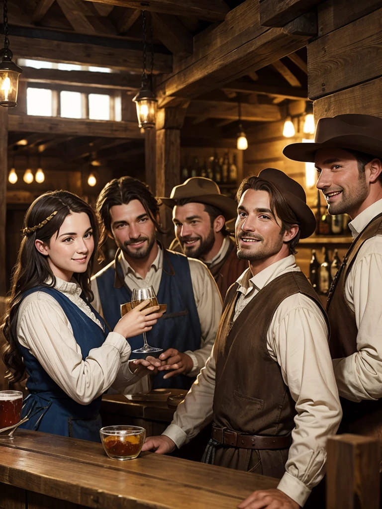A group of farmers and ranchers dressed in medieval-style work clothes crowd around the bar of a wooden tavern.. They seem to be having a good time..