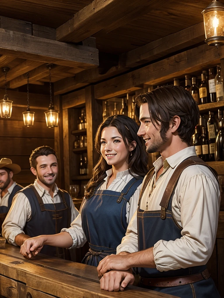 A group of farmers and ranchers dressed in medieval-style work clothes crowd around the bar of a wooden tavern.. They seem to be having a good time..