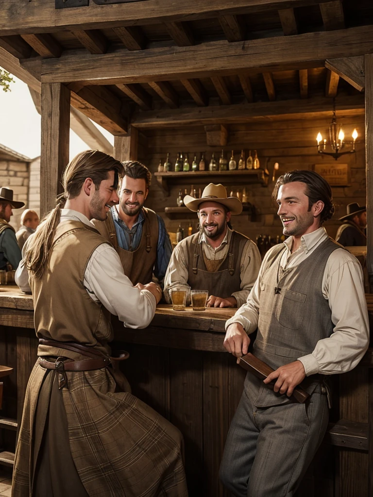 A group of farmers and ranchers dressed in medieval-style work clothes crowd around the bar of a wooden tavern.. They seem to be having a good time.. 