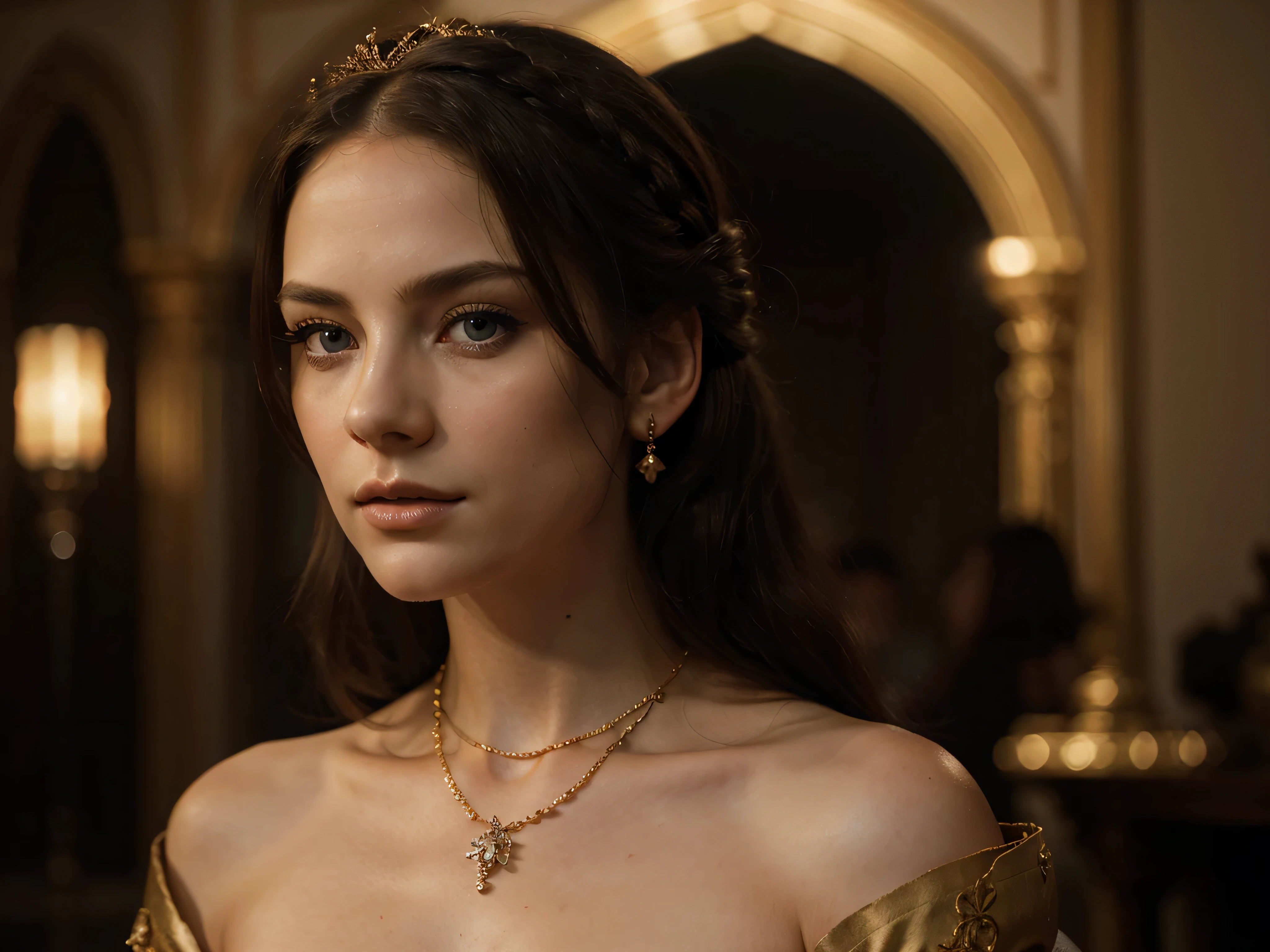 A chiaroscuro portrait of a woman, beautiful detailed eyes, beautiful detailed lips, extremely detailed eyes and face, long eyelashes, porcelain skin, elegant hairstyle, intricate jewelry, dramatic lighting, Renaissance style, dramatic shadows, warm golden tones, dramatic chiaroscuro lighting, ultra-detailed, 8k, photorealistic, masterpiece, cinematic, dramatic atmosphere, elegant and regal