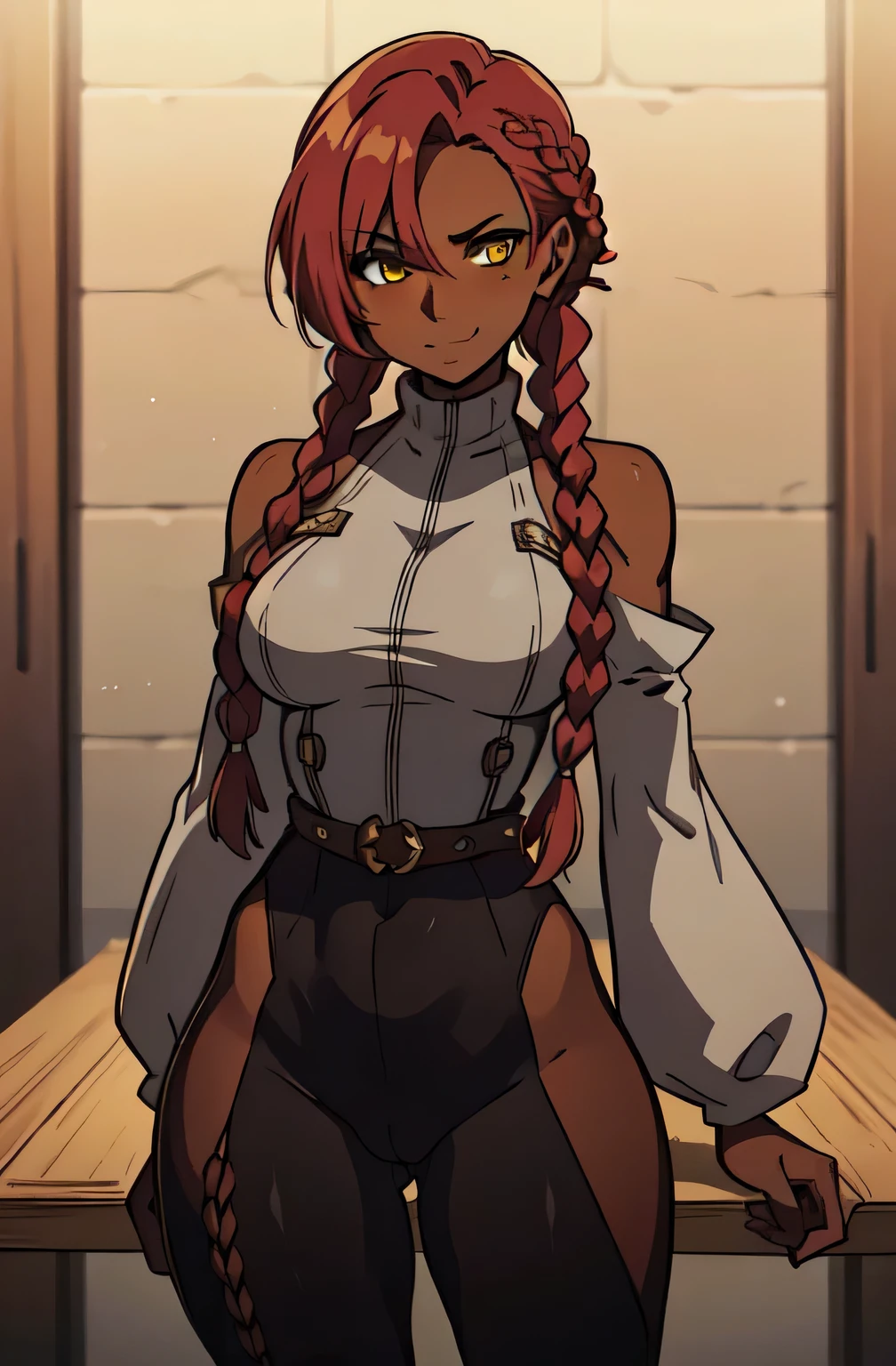 muscular girl,, ((1woman)), medium breasts, (yellow eyes), red hair, short hair,(( long twin_low_braids)), dark skin:1.3 , smirking , gray tunic, loose tunic, black leggings , ((detailed eyes, perfect eyes)), detached sleeves, dark red hair, standing, tall, confident