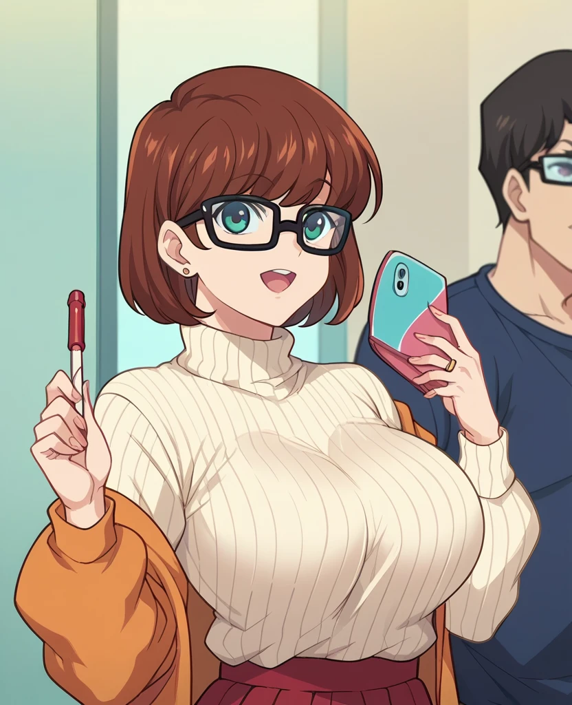 Aiue oka, anime_screencap, anime_coloring, anime style score_9, score_8_up, score_7_up, score_6, female focus, velma, big breast, sweater