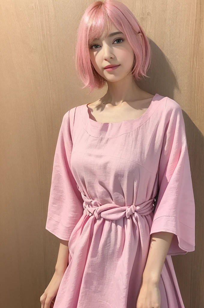 (8K, Highest quality, masterpiece:1,2), (Realistic, Photorealistic:1.37), Super detailed, One Girl,), (Very detailed), (Beautiful and detailed eyes), (Highest quality), (Very detailed ), (masterpiece), (Detailed face),20-year-old, ,1 Girl, whole body, Pink Hair,Very short hair, Medium chest, Dressed, Perfect lighting, Focus on pussy and breasts, View your viewers, Excited face, Mischievous face, ((National costume, Tunic, pink Tunic)), Wheat field, evening, Are standing