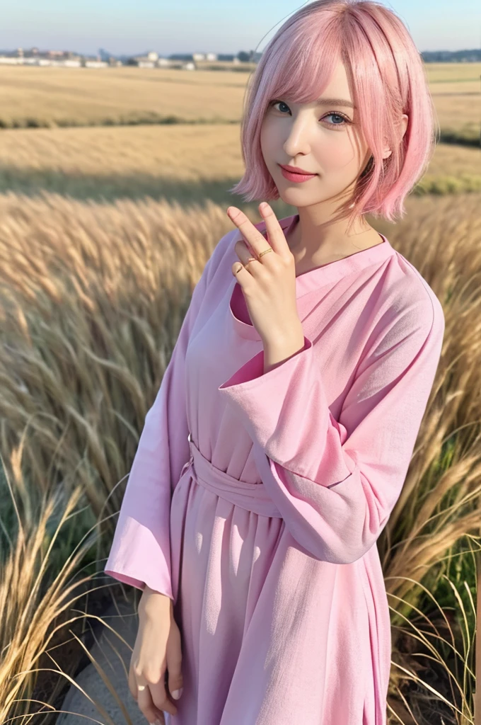 (8K, Highest quality, masterpiece:1,2), (Realistic, Photorealistic:1.37), Super detailed, One Girl,), (Very detailed), (Beautiful and detailed eyes), (Highest quality), (Very detailed ), (masterpiece), (Detailed face),20-year-old, ,1 Girl, whole body, Pink Hair,Very short hair, Medium chest, Dressed, Perfect lighting, Focus on pussy and breasts, View your viewers, Excited face, Mischievous face, ((National costume, Tunic, pink Tunic)), Wheat field, evening, Are standing