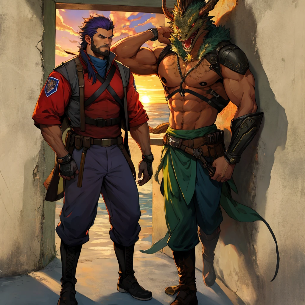 a warrior man, android, futuristic army front, brawny, wall background with a dragon carved on the wall, sunset
