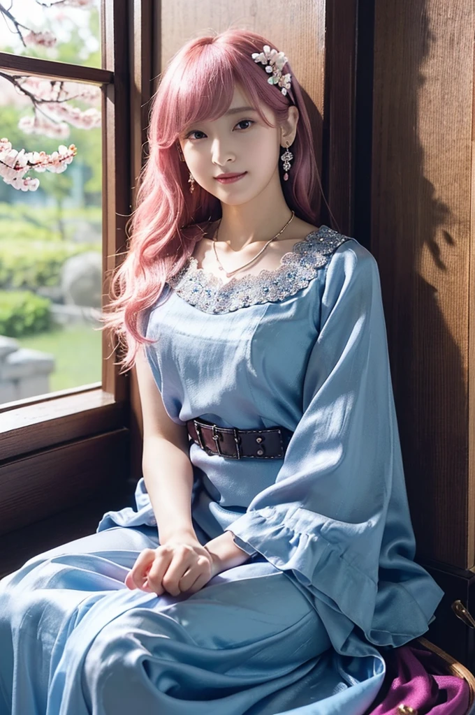 (8K, Highest quality, masterpiece:1.2), (Realistic, Photorealistic:1.37), Super detailed, One Girl, (Very detailed), (Beautiful and detailed eyes), (Highest quality), (Very detailed), (masterpiece), (Detailed face), 20-year-old, 1 Girl, ((Pink Hair,Long Hair)), Medium chest, Dressed, Perfect lighting, break, (Light blue Japanese style dress:1.4), (silk fabric:1.3), Sleeveless, High neck, Fitted bodice, Long Flared Skirt, Waist belt, A-line silhouette, Elegant impression, Ruffle and lace hem, Embroidery and beads on chest, No socks, (High Heel Pump:1.2), (Diamond necklace and earrings:1.2), (Plum blossom hair accessory:1.2), brake, (Vertical shot from torso to knees), (Side ponytail with hair accessory), (I'm looking at the camera with a smile on my face), (Lift the hem of your skirt with your right hand, With his left hand he points to the embroidery on his chest.), (Japanese style landscape with cherry blossoms), (Natural light to brighten your subject)
