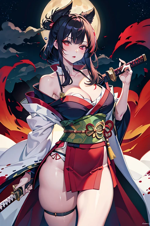 Solo,cleavage, haori, thick thighs, outstanding details, blood,big breasts ,moon, kimono, parted lips, katana,scar on chest,standing,