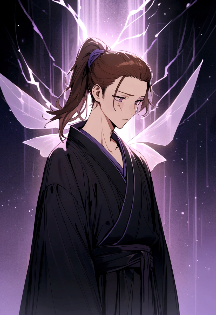Man about seventeen, brown hair pulled back into a high ponytail, purple sad eyes, average height, dressed in black hanfu, has two transparent wings like a fairy. There is a scar in the shape of a lightning bolt under the right eye.