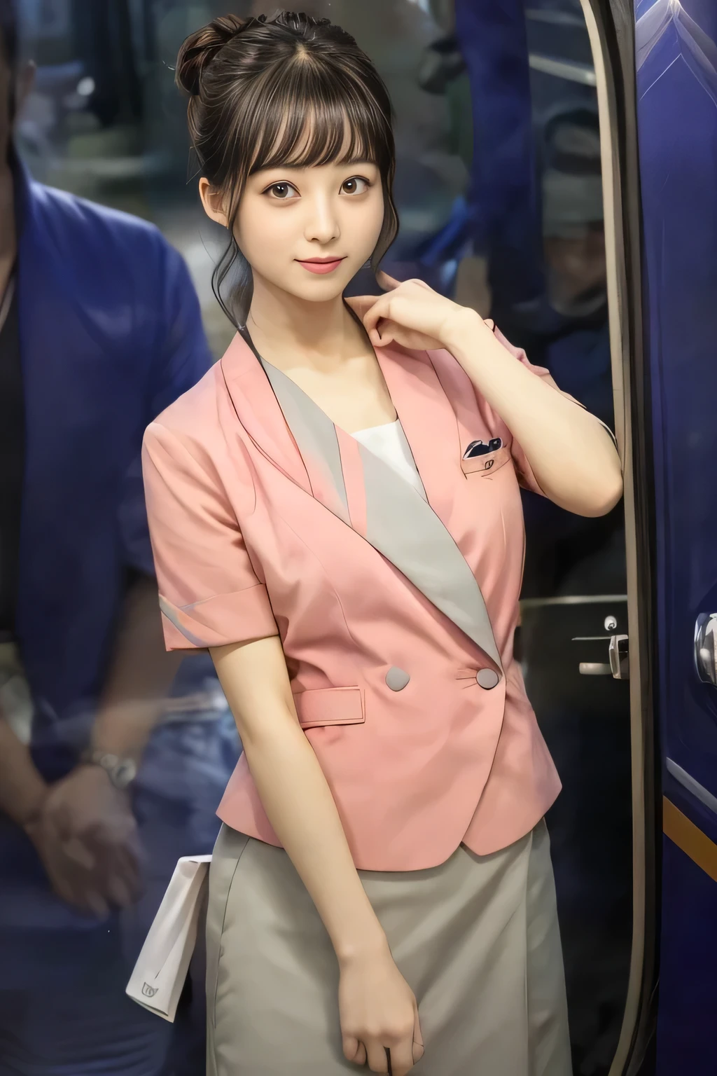 (masterpiece:1.2, Highest quality:1.2), 32k HDR, High resolution, (alone、1 girl)、 (Height: 160cm)、(On the rooftop of a building in the daytime、Professional Lighting)、Building rooftop background、(Nankai train crew uniform pinkを着たリアルスタイル)、(Nankai train crew uniform pink short sleeve collarless pink jacket、Nankai Train Crew Uniform Pink Collarless Short Sleeve Blouse、Nankai Train Crew Uniform Pink Grey Knee-length Culottes)、(The pink jacket is showing from the culottes.)、Dark brown hair、(Hair tied up、Hair tied up、Evening curly hairstyle)、Dark brown hair、Long Shot、Big Breasts、Thin legs、((Great hands:2.0)),((Harmonious body proportions:1.5)),((Normal limbs:2.0)),((Normal finger:2.0)),((Delicate eyes:2.0)),((Normal eyes:2.0)))、smile、(Nankai Train Crew Uniform Pink Grey Knee-length Culottesを見せた美しい歩く姿)、Place your hands around your stomach、Lanyard employee ID card