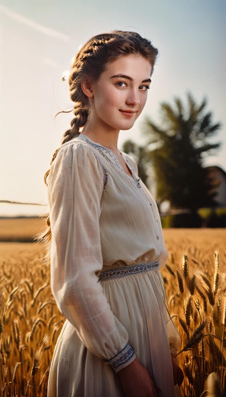 1 girl, 20 years old, tall and attractive, wearing a beautiful country dress, Braided hair, standing in a rustic farm setting. She has a softness, gentle smile and expressive eyes. In the background are charming barns, golden wheat fields and clear blue sky. The composition should be bathed in the warm light of the golden hour, with smooth depth of field and smooth bokeh to accentuate the idyllic tranquility. Capture images as if they were shot on vintage 35mm film for added power, filmg,