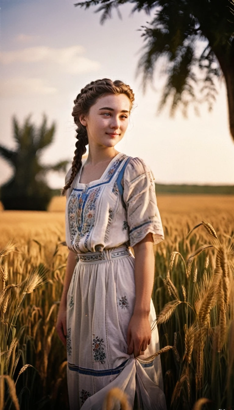 1 girl, 20 years old, tall and attractive, wearing a beautiful country dress, Braided hair, standing in a rustic farm setting. She has a softness, gentle smile and expressive eyes. In the background are charming barns, golden wheat fields and clear blue sky. The composition should be bathed in the warm light of the golden hour, with smooth depth of field and smooth bokeh to accentuate the idyllic tranquility. Capture images as if they were shot on vintage 35mm film for added power, filmg,