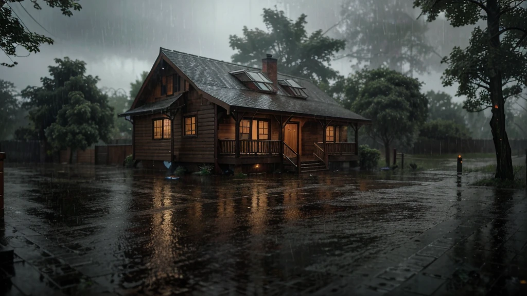 there is a house in wood in the rain with a lot of rain on it, a lot of trees, gloomy weather. hyperrealistic, rainy scene, at evening during rain, rainy day. game render, rainy evening, rainy night, raining at night, cryengine render 8 k, rain falling, unreal 6 breathtaking detailed, unreal engine realistic render, rain aesthetic, ultra realistic picture, rainy and gloomy atmosphere