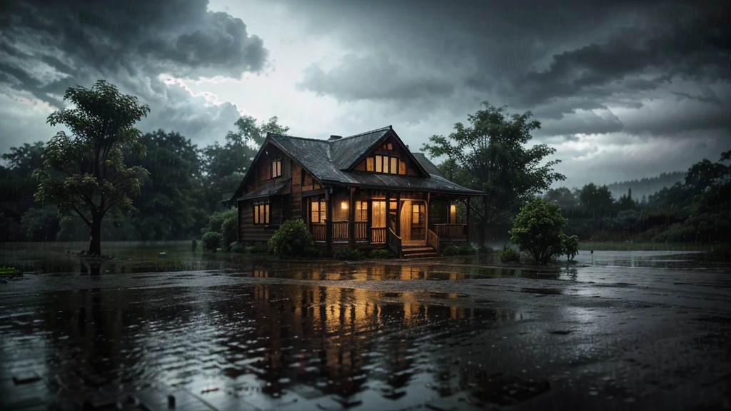 there is a house in wood in the rain with a lot of rain on it, a lot of trees,  gloomy weather. hyperrealistic, rainy scene, at evening during rain, rainy day. game render, rainy evening, rainy night, raining at night, cryengine render 8 k, rain falling, unreal 6 breathtaking detailed, unreal engine realistic render, rain aesthetic, ultra realistic picture, rainy and gloomy atmosphere