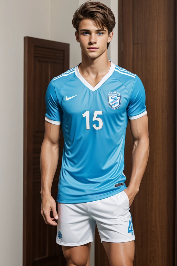Soccer player, 15 year old male, light brown hair, 2020s style hair, four pack abs, baby blue soccer jersey, light skin, blue eyes, almond shaped eyes, chiseled, defined jawline, white shorts, tall, has ADHD, dyslexic, handsome, attractive, model looks, short hair, messy hair, wavy hair, fluffy hair