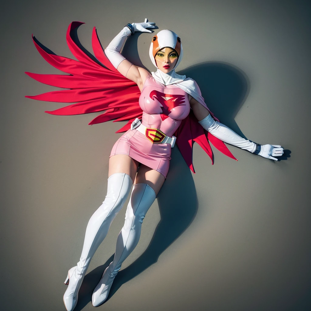 ANI_CLASSIC_jun_gatchaman_ownwaifu,1girl, ,good anatomy, masterpiece, best quality,realistic, hyperrealistic, 16k hdr, long hair,breasts,green eyes,lips,large breasts,lipstick,makeup,gloves,cape,helmet,belt,elbow gloves,white gloves,mask,ultra miniskirt,leotard,spacesuit,white tight overknee highheels boots,pink dress,superhero,bodysuit,cleavage,erected nipples,(sexy pose,view from above),(spread legs:1.1),cameltoe