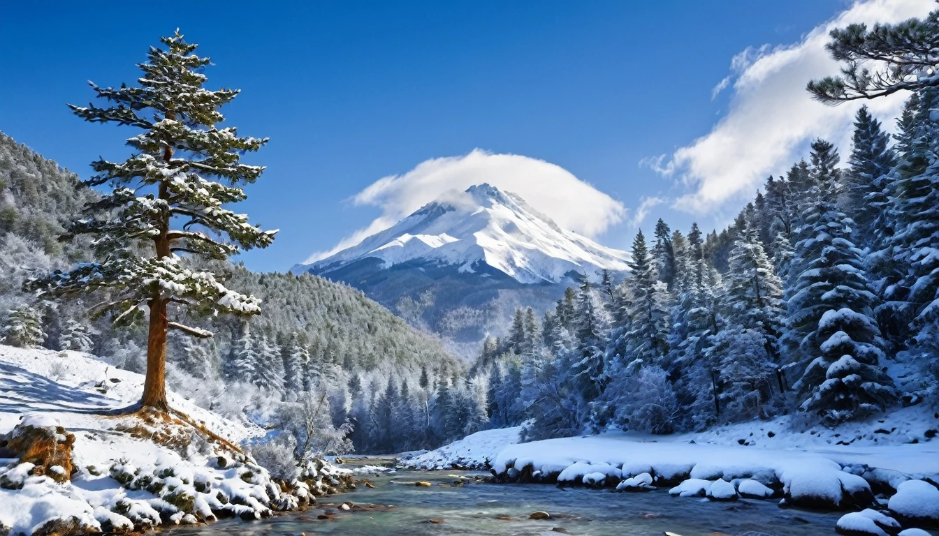 snow, tree, mountain, day, sky, winter, nature, pine tree, forest, blue sky, cloud, mountainous horizon, river, best Quality,The Masterpiece
