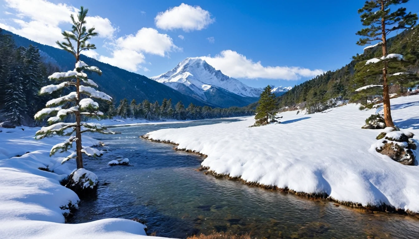 snow, tree, mountain, day, sky, winter, nature, pine tree, forest, blue sky, cloud, mountainous horizon, river, best Quality,The Masterpiece