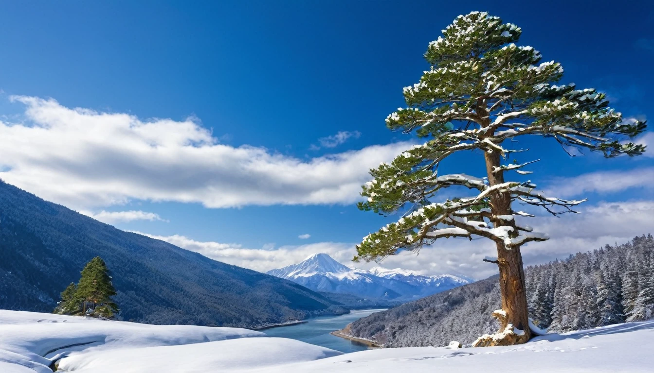 snow, tree, mountain, day, sky, winter, nature, pine tree, forest, blue sky, cloud, mountainous horizon, river, best Quality，The Masterpiece