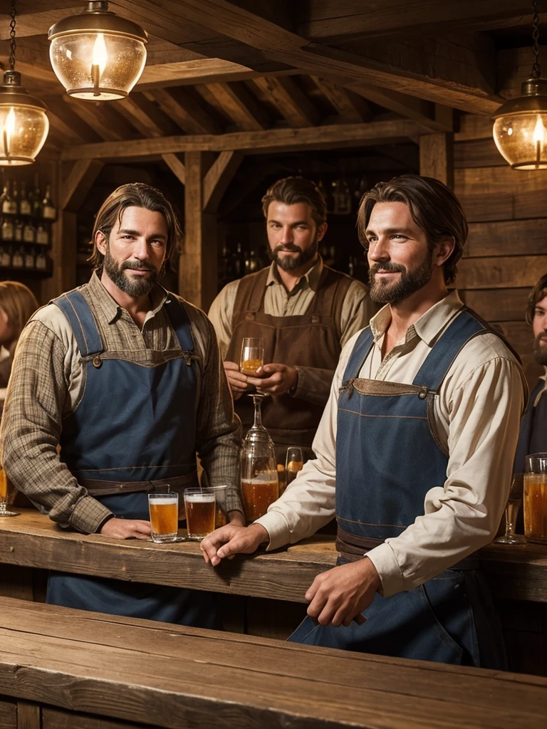 A group of farmers and ranchers dressed in medieval-style work clothes crowd around the bar of a wooden tavern.. They seem to be having a good time.. Its aspects are diverse, wide, tall, low, each one clearly differentiates itself from the rest. They are all men. 