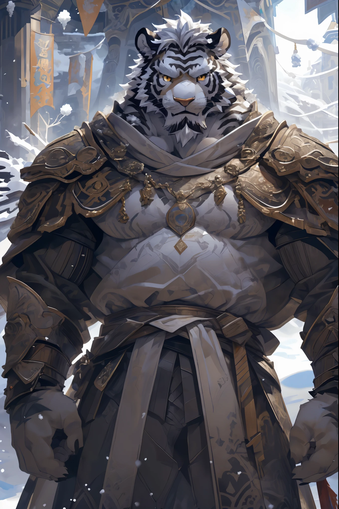 (White skintiger),(黑白阴阳Military commander战袍),(Holding a long sword),(Awesome posture:1.3),Standing quietly in,(The background is a city covered with ice and snow:1.5),(Abdominal muscles),Heroic飒爽,完美的masterpiece,Various facial details,Close-up view,specific description,masterpiece,(cg),(Golden Eyes),Black and white pattern,Black and white tail,Military commander,Heroic,tiger,Black and white fur,Detailed facial details,Half Body,(黑白阴阳Military commander战履),(Long feather),((middle aged)),(Face Focus),(16K),(HD),Black and white abdomen,temple,beard,(Face lines),(Heterochromia,),(Black and white yin and yang battle robe),(Black and white hair),(Strong:1.2),(muscle:1.3),(high resolution:1.3),(Standing in front of a city covered in snow),(Close up),(Detailed face:1.5),Perfect details,(Half Body),(Detailed depiction of the face:1.5),(Zoom in on the face:1.5),(白色Face lines:1.2),(黑色beard:1.3),(White face:1.6),(White body),(White skin,black strips:1.3),(White cheeks:1.5),(The skin color of the face is white:1.3),cg
