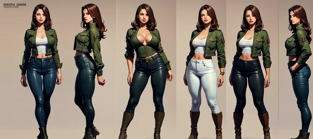 ((best quality)), ((4k)), ((highres)), ((masterpiece:1.2)). ((detailed)), ((ultra realistic)), ((intricate details)), ((full body picture)), ((character design sheet)), ((blank background)), ((standing in a blank background)), a full body shot of a beautiful latina female, colombian woman, colombian beauty, ((emphasis on her complexion)), ((brown hair)), long brown hair, perfect face, gorgeous face, ((vivid hazel eyes)) detailed eyes, detailed lips, ((luscious red lips)), about 5'8 tall, about 25 years old, medium-sized breasts, c cup breasts, athletic body, muscular arms, muscular and feminine, she's dressed in a military green jacket, (military green jacket()), ((high neck)), ((no cleavage)), skin-tight black jeans, ((skin-tight black jeans)), black boots ((black boots))
