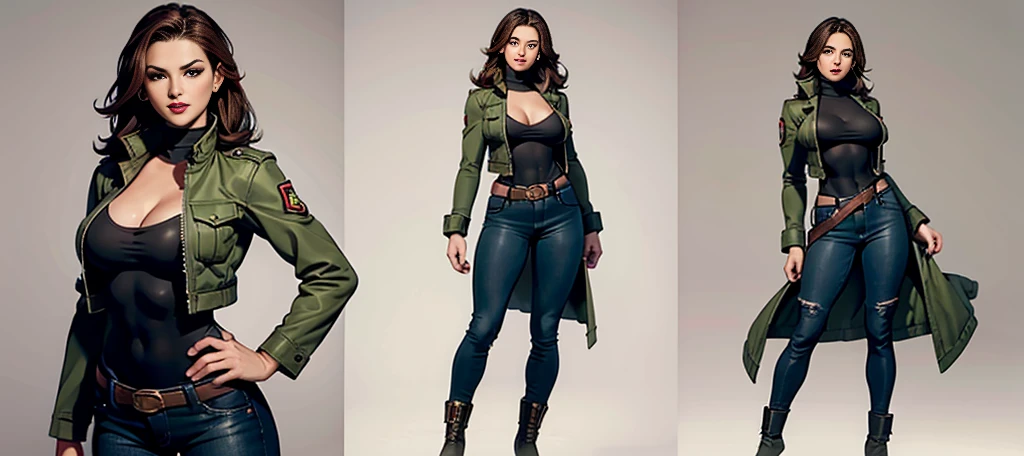 ((best quality)), ((4k)), ((highres)), ((masterpiece:1.2)). ((detailed)), ((ultra realistic)), ((intricate details)), ((full body picture)), ((character design sheet)), ((blank background)), ((standing in a blank background)), a full body shot of a beautiful latina female, colombian woman, colombian beauty, ((emphasis on her complexion)), ((brown hair)), long brown hair, perfect face, gorgeous face, ((vivid hazel eyes)) detailed eyes, detailed lips, ((luscious red lips)), about 5'8 tall, about 25 years old, medium-sized breasts, c cup breasts, athletic body, muscular arms, muscular and feminine, she's dressed in a military green jacket, (military green jacket()), ((high neck)), ((no cleavage)), skin-tight black jeans, ((skin-tight black jeans)), black boots ((black boots))
