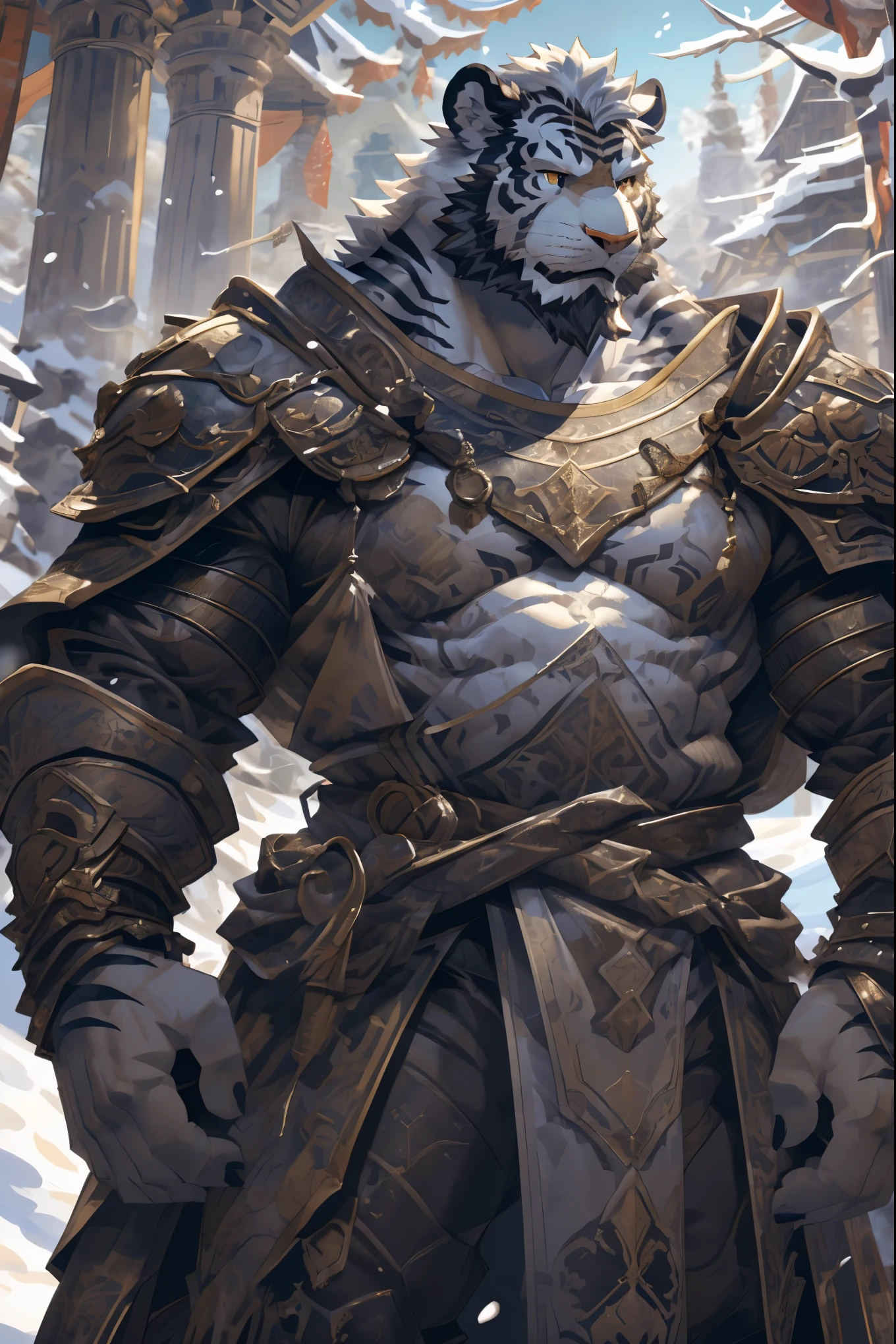 (White skintiger),(黑白阴阳Military commander战袍),(Holding a long sword),(Awesome posture),Standing quietly in,(The background is a city covered with ice and snow:1.2),(Abdominal muscles),Heroic飒爽,完美的masterpiece,Various facial details,Close-up view,specific description,masterpiece,(cg),(Golden Eyes),Black and white pattern,Black and white tail,Military commander,Heroic,tiger,Black and white fur,Detailed facial details,Half Body,(黑白阴阳Military commander战履),(Long feather),((middle aged)),(Face Focus),(16K),(HD),Black and white abdomen,temple,beard,(Face lines),(Heterochromia,),(Black and white yin and yang battle robe),(Black and white hair),(Strong:1.2),(muscle:1.3),(high resolution:1.3),(Standing in front of a city covered in snow),(Close up),(Detailed face:1.5),Perfect details,(Half Body),(Detailed depiction of the face:1.5),(Zoom in on the face:1.5),(白色Face lines:1.2),(黑色beard:1.3),(White face:1.6),(White body),(White skin,black strips:1.3),(White cheeks:1.5),(The skin color of the face is white:1.3),cg