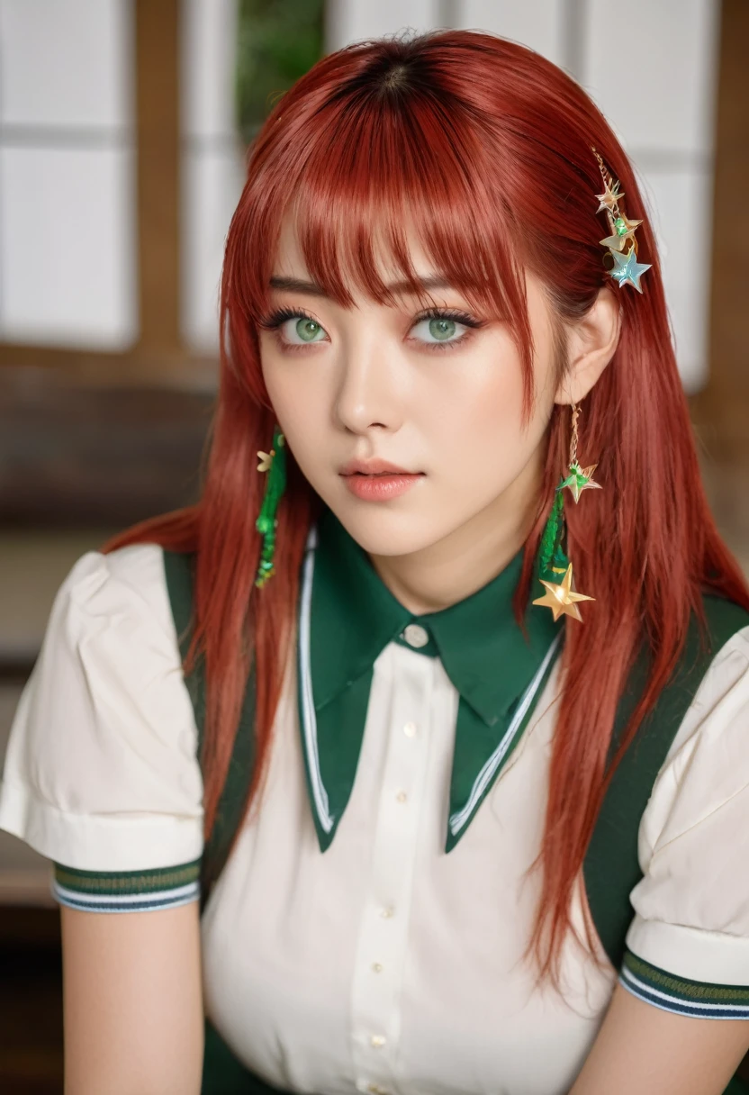 itsukinakano, itsuki nakano, bangs, blue eyes, hair between eyes, ahoge, red hair, star \(symbol\), hair ornament, star hair ornament, BREAK skirt, shirt, , collarbone, white shirt, short sleeves, pleated skirt, socks, collared shirt, miniskirt, kneehighs, white socks, green skirt, sweater vest, red sweater vest,
BREAK indoors, school, classroom,
BREAK (masterpiece:1.2), best quality, high resolution, unity 8k wallpaper, (illustration:0.8), (beautiful detailed eyes:1.6), extremely detailed face, perfect lighting, extremely detailed CG, (perfect hands, perfect anatomy),
