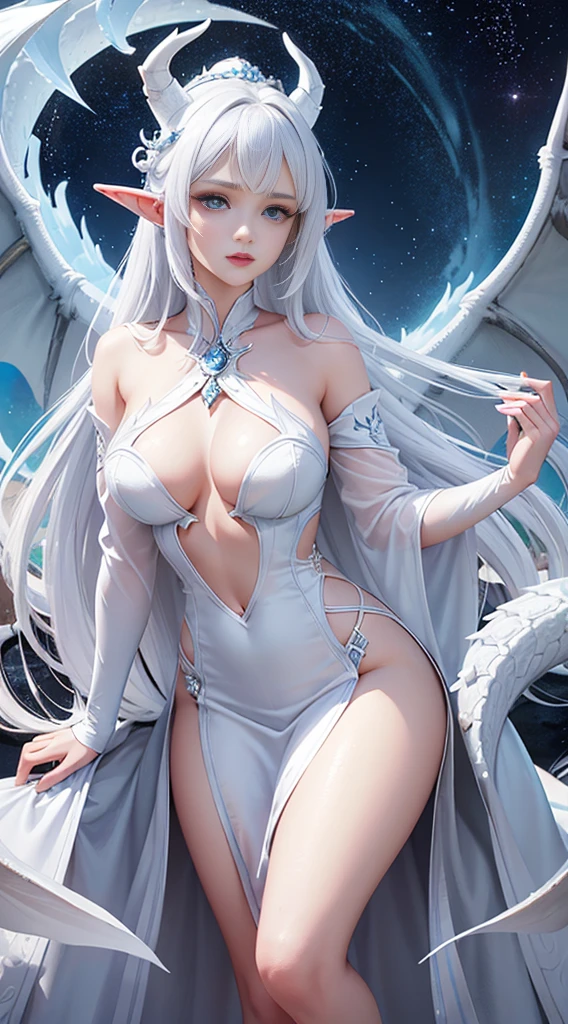 unreal engine:1.4,UHD,The best quality:1.4, photorealistic:1.4, skin texture:1.4, Masterpiece:1.8,White Dragon Queen, young and mature woman, Long elf ears, elegant dress, big chest, curve, Dragon Ling Vawy Hair, super long hair, Smooth Face Features, White dragon horns on his head, majestic woman, silver decoration om your dress, Silver Star Queen,big blue eyes, Cherry Lips, white dragons, starry sky