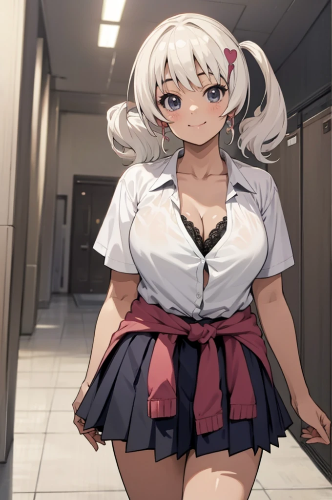 masterpiece, best quality, azuki, heart hair ornament, gyaru, white shirt, cleavage, lace trim, clothes around waist, pleated skirt, large breasts, looking at viewer, smile, closed mouth, cowboy shot, hallway