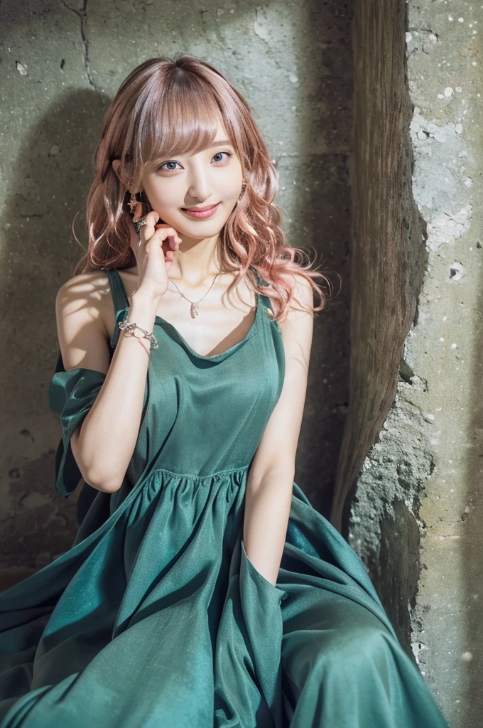 (high quality:1.2), woman, 1 Girl, (Realistic, Photorealistic:1.37), Super detailed, One Girl, (Very detailed), (Beautiful and detailed eyes), (最high quality), (Very detailed ), (masterpiece), (Detailed face), 20-year-old, 1 Girl, ((Gray Hair,Long Hair)), Medium chest, Dressed, Perfect lighting, break, (Green Dress:1.4), (Very tight dress:1.5), (とてもShinyドレス:1.4), satin, Shiny, Thin straps, V-neck, Ribbon on waist, (Black pumps:1.3), High heels, (Silver Necklace:1.2), (Silver Earrings:1.2), brake, (From the upper body to the knees:1.3), (Pink curly hair on the left:1.4), (Smiling for the camera:1.2), (Hold the hem of your dress with your right hand:1.3), (Flower fields and castles:1.2), (Bright blue sky:1.2)