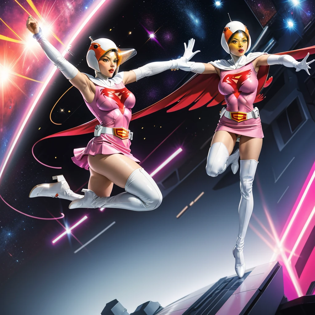 ANI_CLASSIC_jun_gatchaman_ownwaifu,1girl, ,good anatomy, masterpiece, best quality,realistic, hyper realistic, 16k hdr, long hair,breasts,lips,large breasts,lipstick,makeup,gloves,cape,helmet,belt,elbow gloves,white gloves,mask,ultra miniskirt,leotard,spacesuit,white tight overknee highheels boots,pink dress,superhero,bodysuit,cleavage,erected nipples,(jumping poses),cameltoe