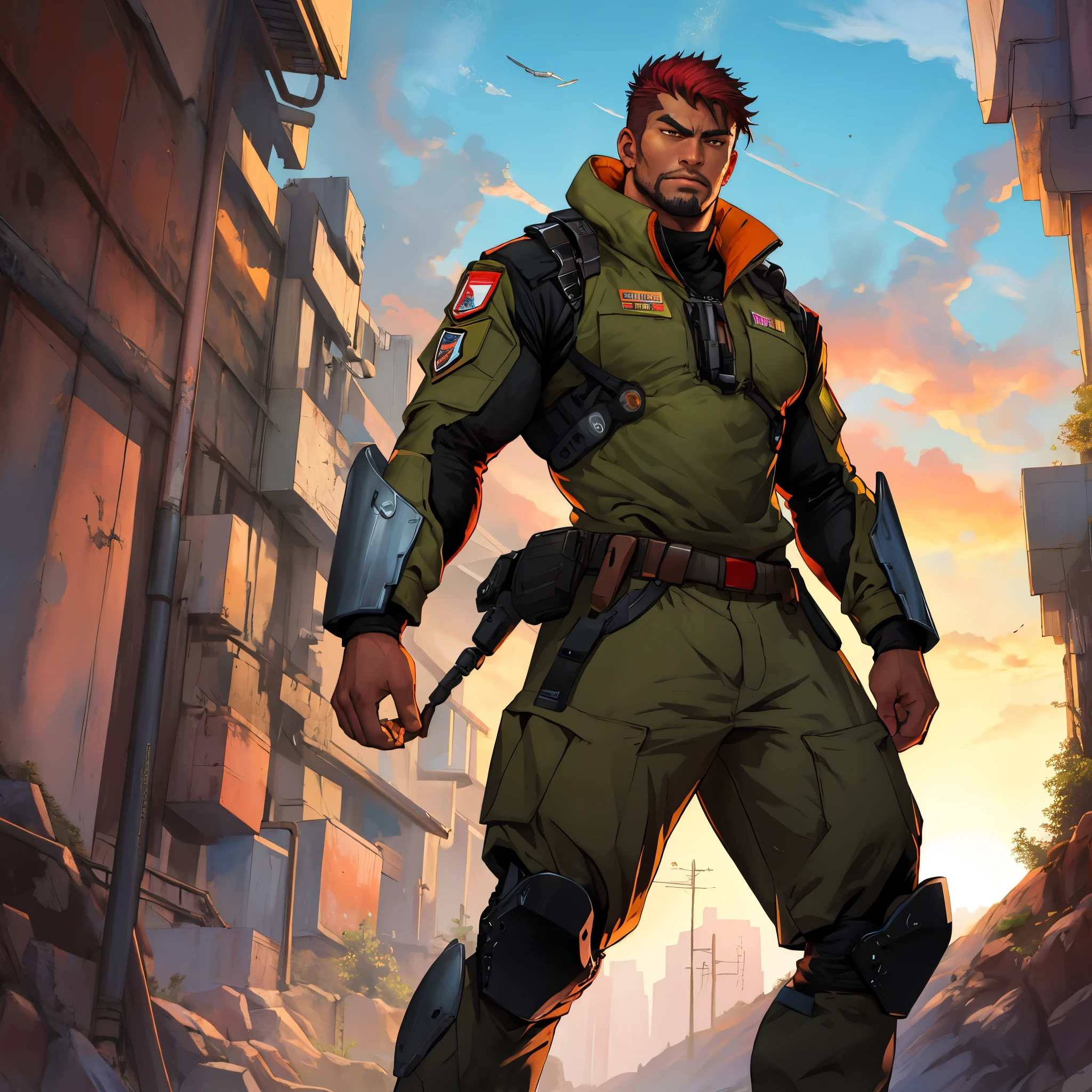 a warrior man, android, futuristic, the front of the army, brawny, sunset