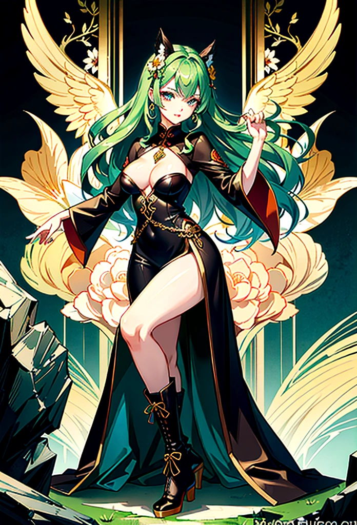  picture of a exotic, exquisite beautiful woman wearing ((black Cheongsam with lively vivid flowers, the flowers grow from the Cheongsam to be alive : 1.5), she wears, (knee high laces heel boots: 1.2), (light green hair: 1.2), long hair, wavy hair, pale skin, (deep blue eyes, Intense gaze: 1.2), fantasy druid grove background, dynamic background, high details, best quality, highres, ultra wide angle, best details, best quality, 16k, [ultra detailed], masterpiece, best quality, (extremely detailed), full body, ultra wide shot, photorealistic, fantasy art, dnd art, rpg art, realistic art, an ultra wide