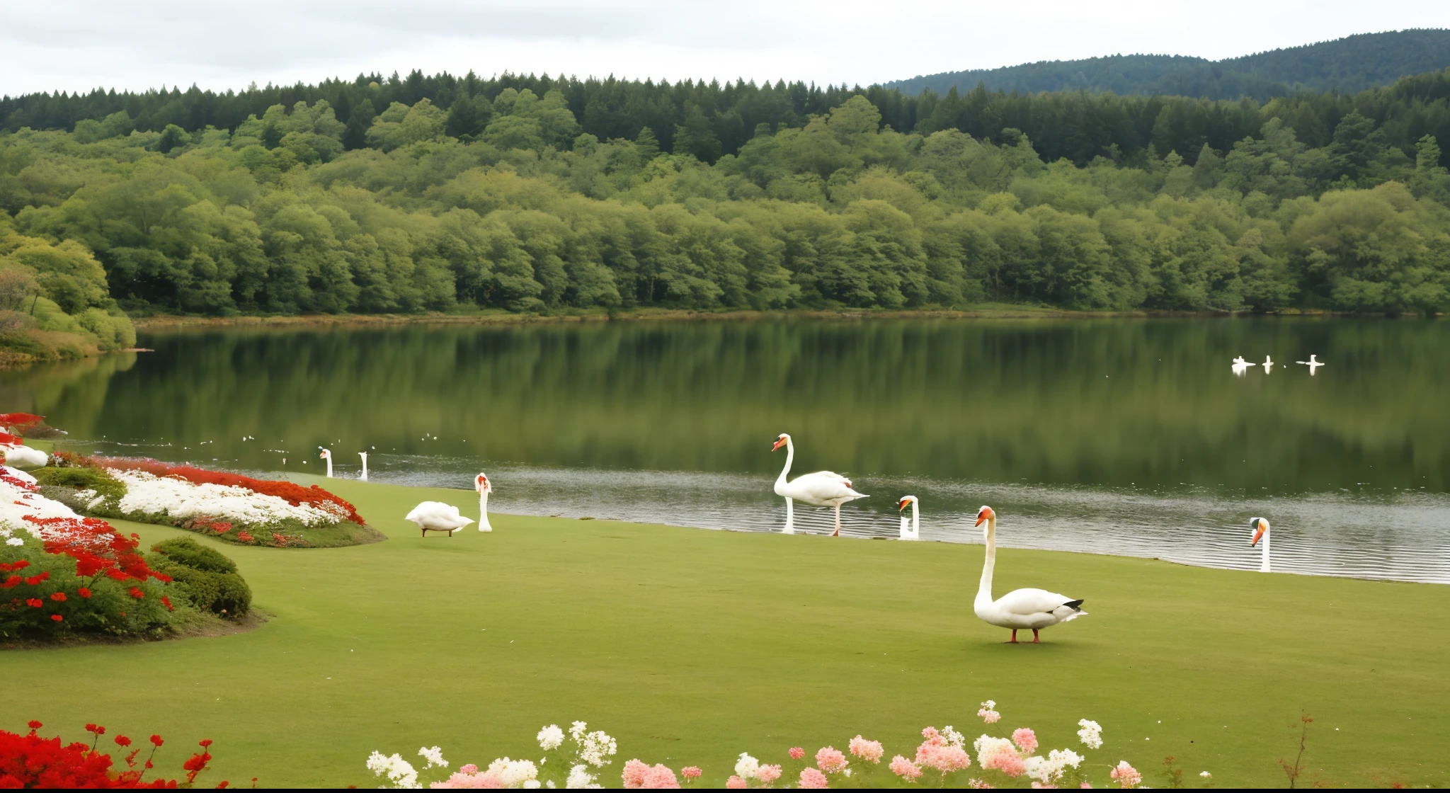 ((Best Quality)), forest/ cottagecore park next to a lake with swans and many flowers in ( horizontal image) that you can see more grass and the lake from afar THAT there are swans that there is more grass ahead, and BEHIND is the lake and swans, a little more grass ahead, very good, now I want swans on the lake, INCREDIBLE very good, now I want pretty flowers Japanese flowers ok, now the swans on the lake The lake is red make it normal and swans with Japanese flowers make the weather cloudy
