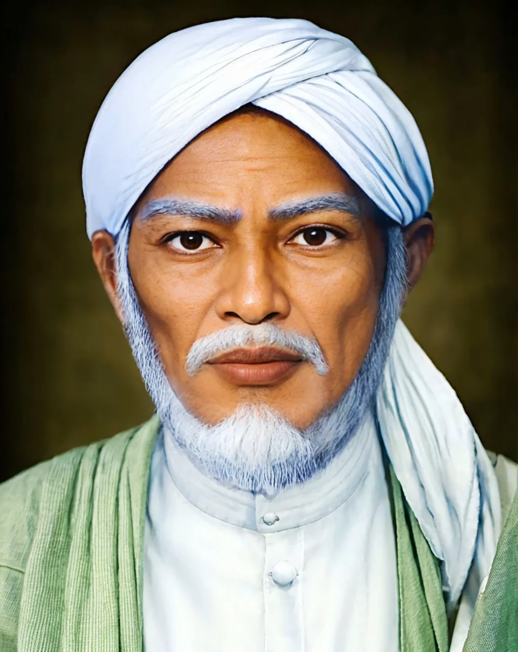 Muslim man, brown skin aged 50 years or over, wearing a shabby cloth robe, cloth turban. Hd realistic photos