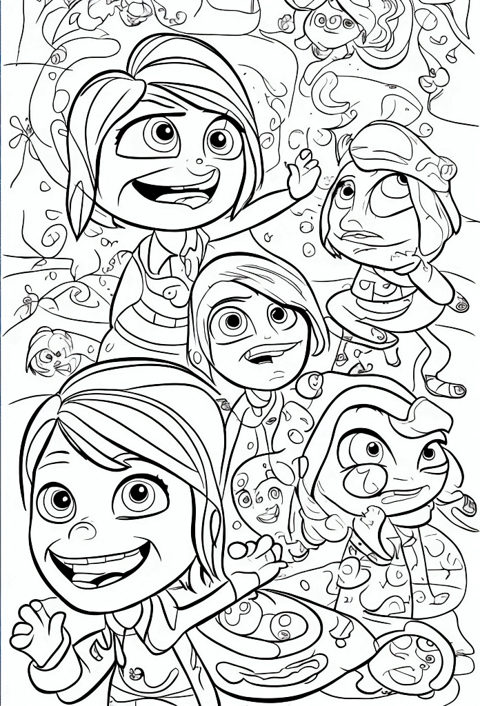 Create a coloring book with character ''JOY'' from the "Inside Out 2" movie. Use black lines on a white background without any shading. 