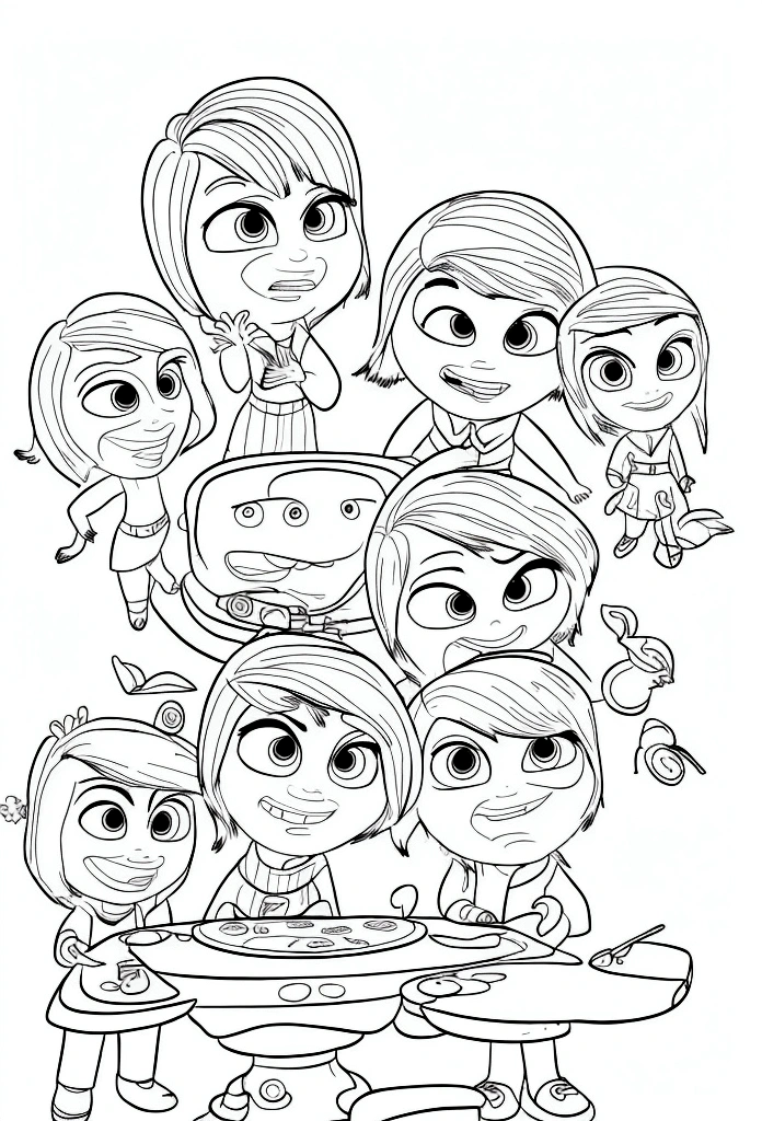 Create a coloring book with character ''JOY'' from the "Inside Out 2" movie. Use black lines on a white background without any shading. 