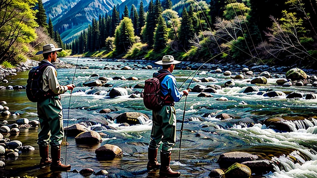 Fly fisherman standing on river rapids、Gazing at the River、Mountain stream、Photorealistic、