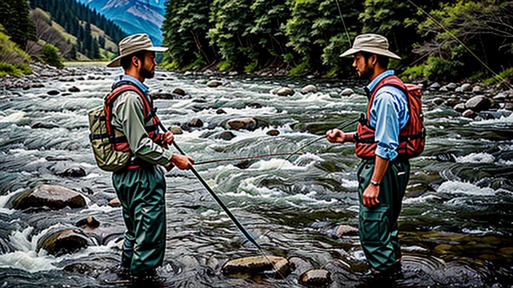 Fly fisherman standing on river rapids、Gazing at the River、Mountain stream、Photorealistic、