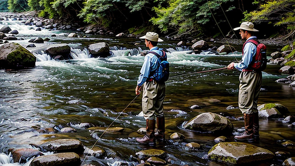 Fly fisherman standing on river rapids、Gazing at the River、Mountain stream、Photorealistic、