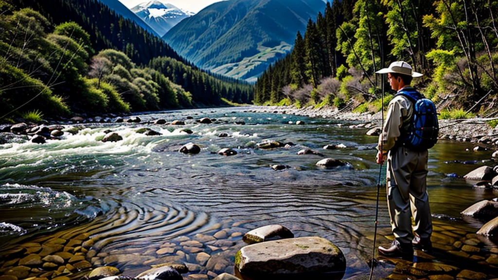 Fly fisherman standing on river rapids、Gazing at the River、Mountain stream、Photorealistic、