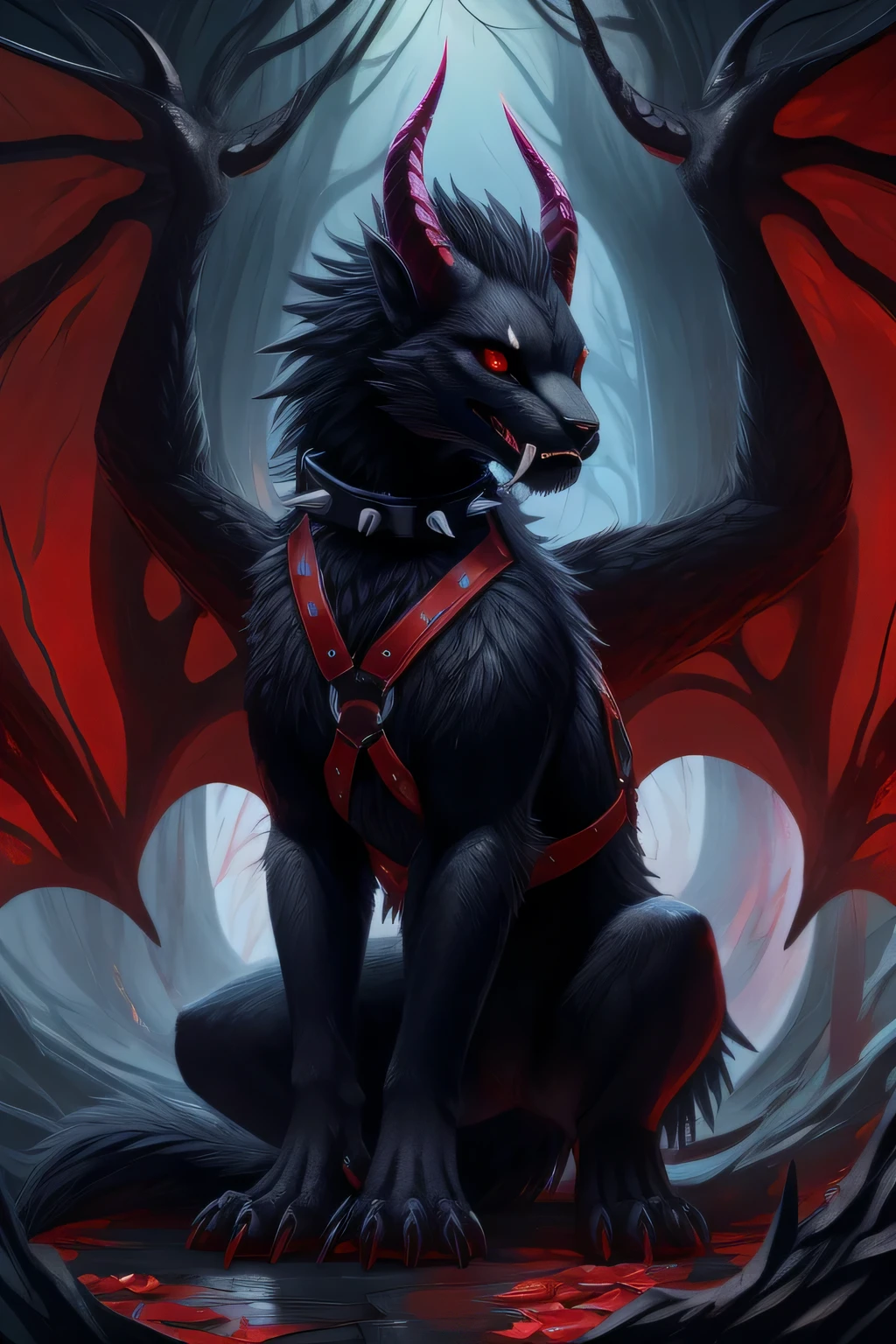 abyss monster, horror, female, feral, black smooth fur, webbed wings, claws, horns, red eyes, feline body, fangs, leather harness, full body, spiked collar, Detailed body fur, a three-quarter view, masterpiece