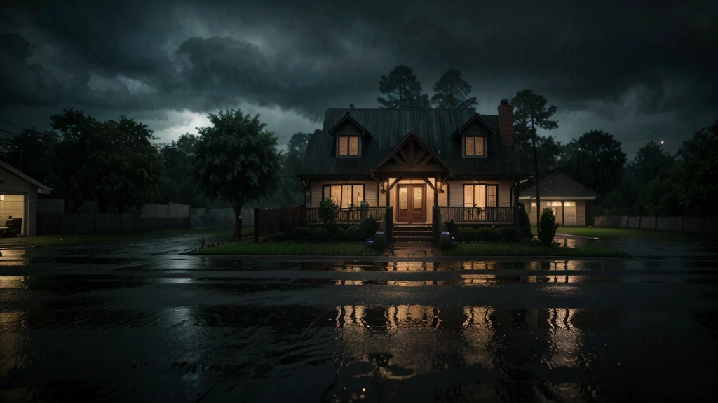 there is a house in the rain with a lot of rain on it, a lot of trees, a matte painting inspired by Gregory Crewdson, shutterstock, realism, gloomy weather. hyperrealistic, rainy scene, at evening during rain, rainy day. game render, rainy evening, rainy night, raining at night, cryengine render 8 k, rain falling, unreal 6 breathtaking detailed