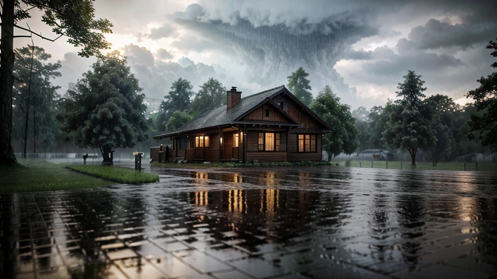 there is a house in the rain with a lot of rain on it, a lot of trees, a matte painting inspired by Gregory Crewdson, shutterstock, realism, gloomy weather. hyperrealistic, rainy scene, at evening during rain, rainy day. game render, rainy evening, rainy night, raining at night, cryengine render 8 k, rain falling, unreal 6 breathtaking detailed